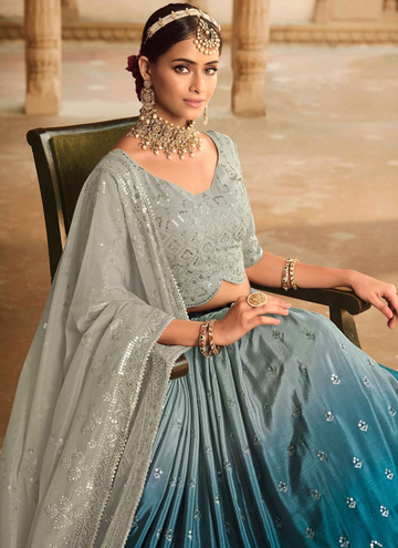 Designer Choli With Shaded Silk Teal Blue Embroidered Lehenga